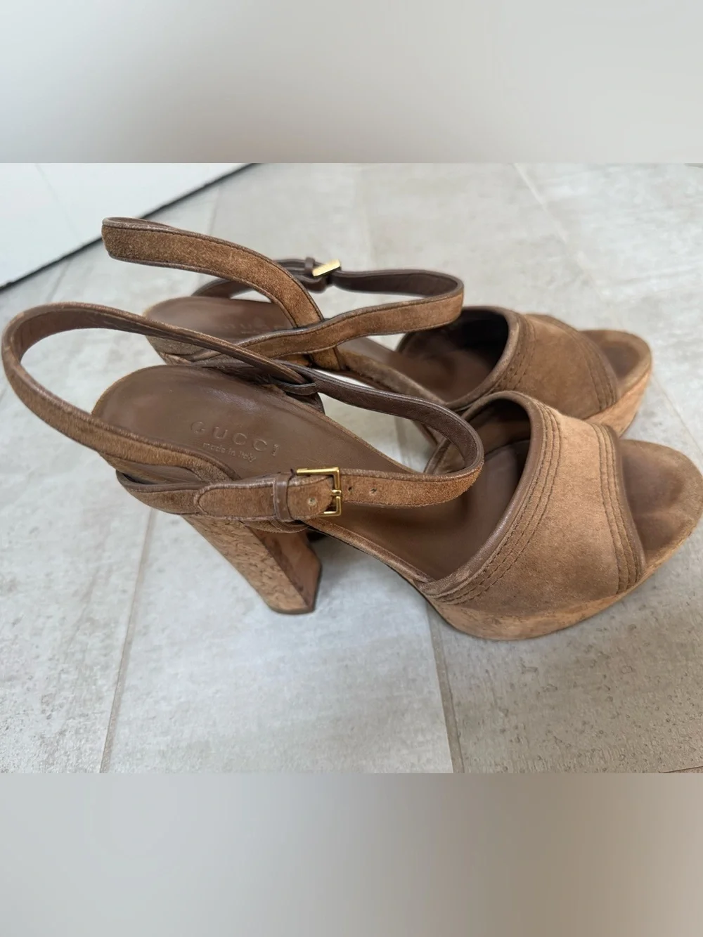 Gucci Tan Suede Cork Platform Sandals